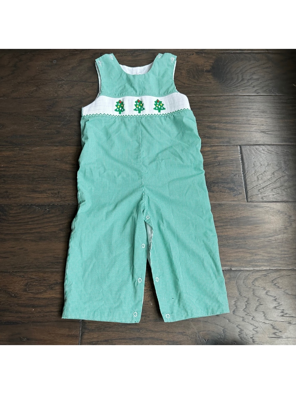 Stitchy Fish Christmas Tree Trio Smocked Jon Jon, Green Gingham Size 3T